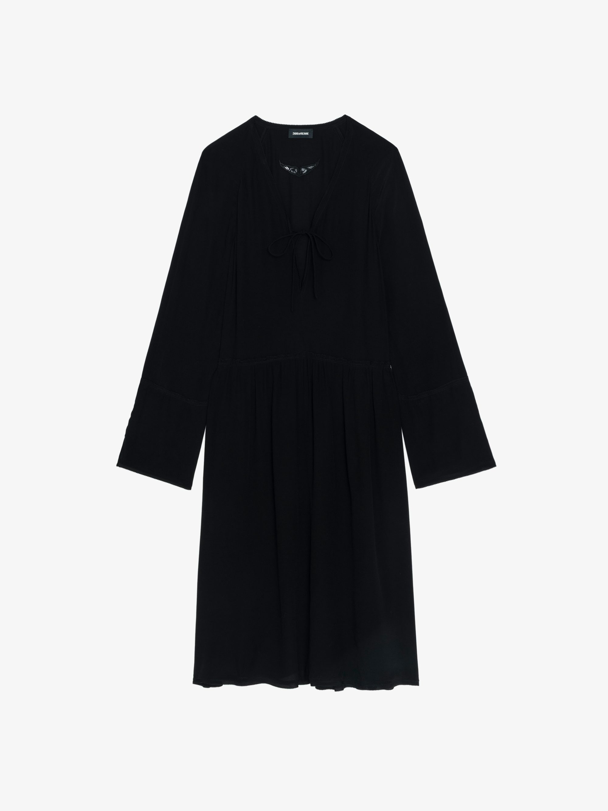 Rinas Dress - Mid-length dress in plain viscose, long sleeves, deep neckline with laced closure.
